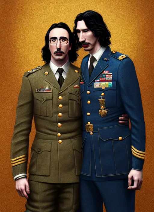 Image similar to a portrait of john oliver and adam driver posing together, stoic, military uniform, fantasy, intricate, elegant, beautiful, highly detailed, centered, digital painting, artstation, concept art, smooth, sharp focus, art style by klimt and nixeu and ian sprigger and wlop and krenz cushart