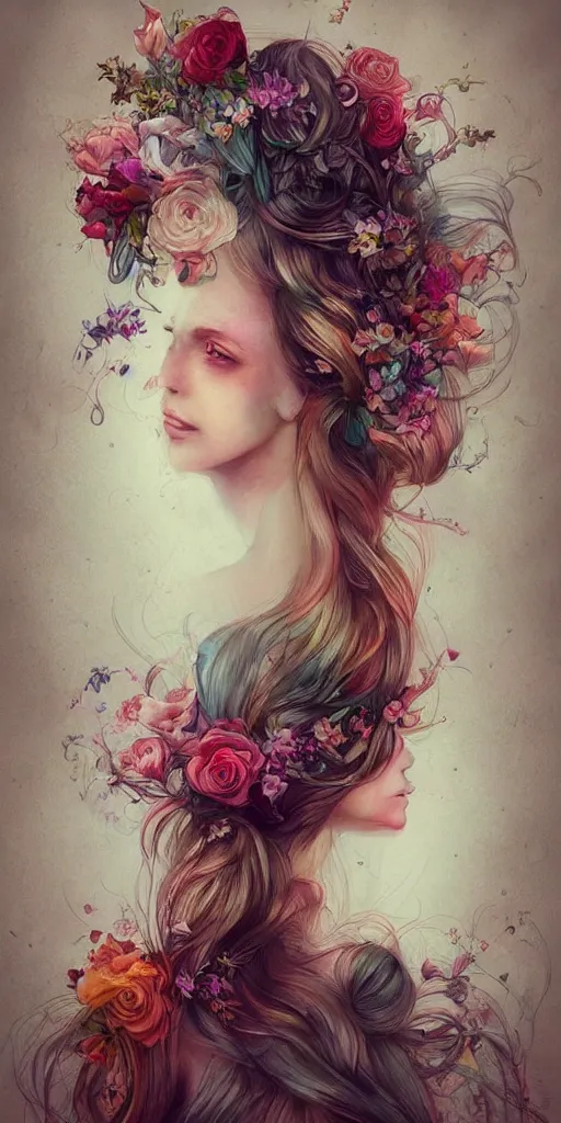 Prompt: in San Francisco lives a girl with flowers in her hair, in the style of Anna Dittman