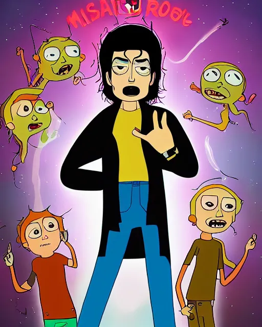 Image similar to portrait of michael jackson in the style of justin roiland. cinematic lighting. style of rick & morty. photographic, photography. by justin roiland