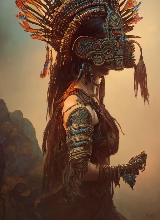 Image similar to a Photorealistic dramatic fantasy render of a beautiful woman wearing a beautiful intricately detailed Aztec Insect shaman mask and costume by WLOP,Artgerm,Greg Rutkowski,Alphonse Mucha, Beautiful dynamic dramatic dark moody lighting,shadows,cinematic atmosphere,Artstation,concept design art,Octane render,8K