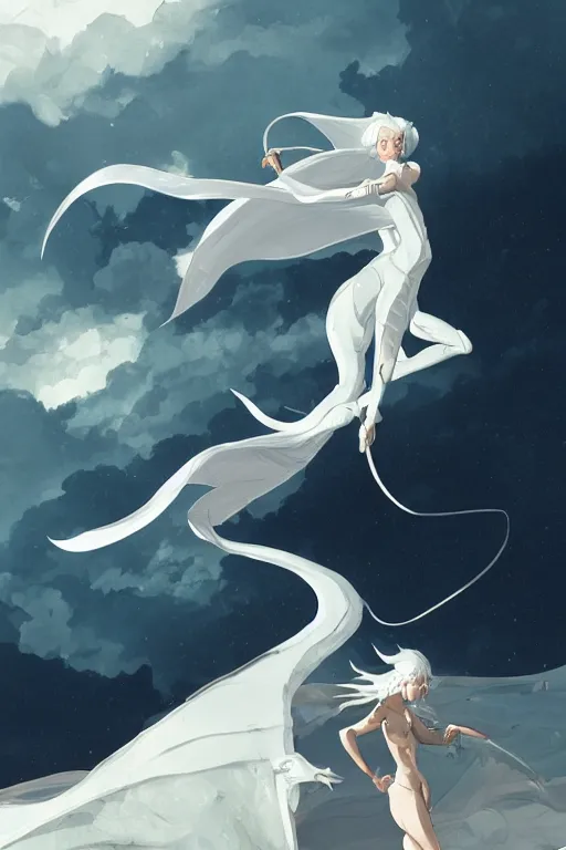 Image similar to vanishing point, white hair eva riding on the white dragon's neck ready to fight, by victo ngai and makoto shinkai, partner, adiant light, minimalist, unreal engine 5, concept art ， highly rendered,, digital painting, artstation, concept art, smooth, sharp foccus, artstation hq