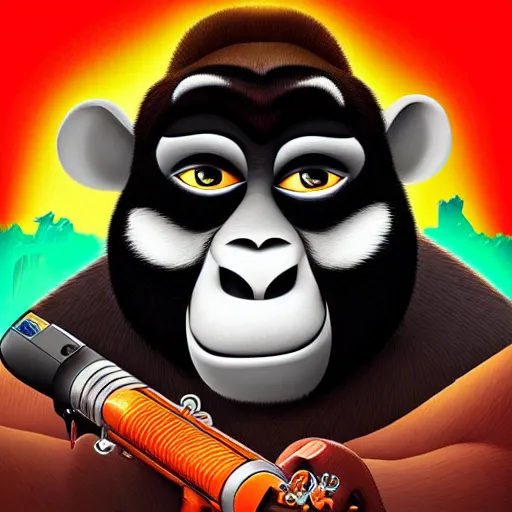 Image similar to “ portrait of a monkey in the style of kung fu panda holding laser gun, with a black background, digital art, award winning, trending on art station, retro style ”