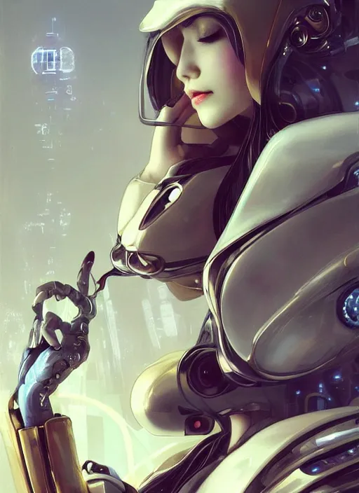 Image similar to beautiful delicate imaginative streamlined elegant futuristic close up portrait of a cyberpunk female sitting with elegant deadly looks, mechanical body on gold linings, smooth white and soft by ruan jia, tom bagshaw, alphonse mucha, krenz cushart, beautiful cyberpunk buildings in the background, epic sky, vray render, artstation, deviantart, pinterest, 5 0 0 px models