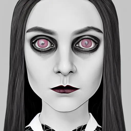 Image similar to An extremely psychedelic portrait of Wednesday Addams, surreal, LSD, face, detailed, intricate, elegant, lithe, highly detailed, digital painting, artstation, concept art, smooth, sharp focus, illustration