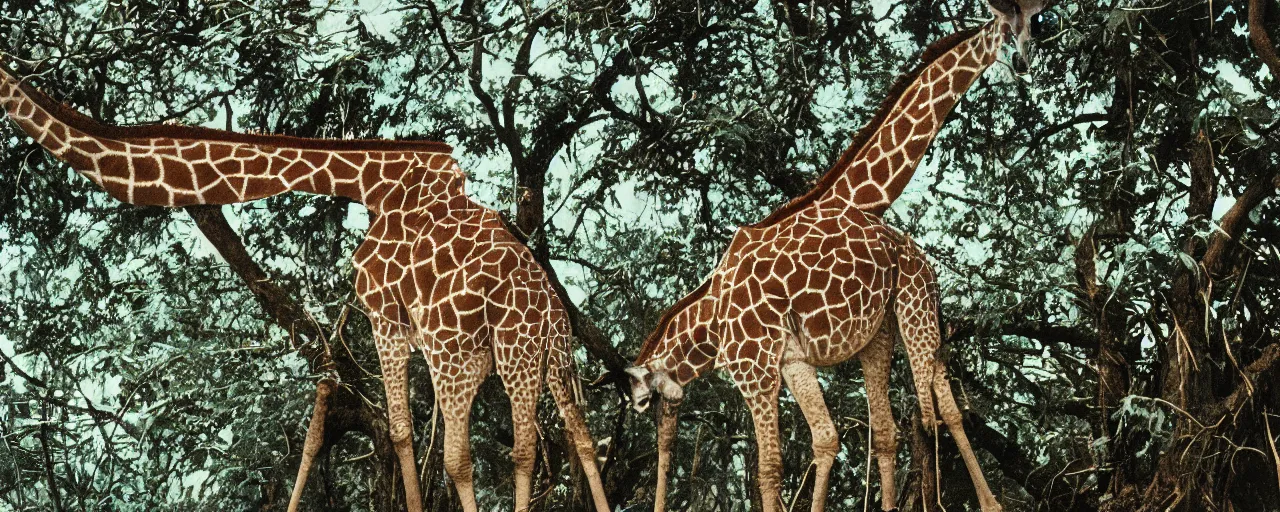 Prompt: a giraffe ( only 1 ) eating spaghetti off a tree, in the style of national geographic, canon 5 0 mm, kodachrome, retro, muted, visual noise