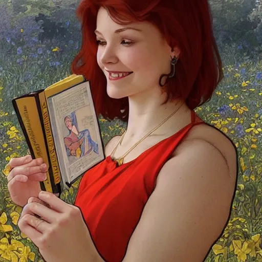 Image similar to a smiling beautiful woman with short red hair wearing a yellow dress and reading a book, blue eyes, masterpiece, intricate, elegant, highly detailed, digital painting, artstation, concept art, smooth, sharp focus, illustration, art by artgerm and greg rutkowski and alphonse mucha and uang guangjian and gil elvgren and sachin teng, symmetry!!