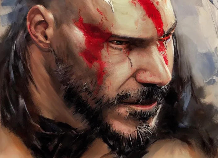 Image similar to a highly detailed beautiful portrait of keanu reeves as kratos, by gregory manchess, james gurney, james jean