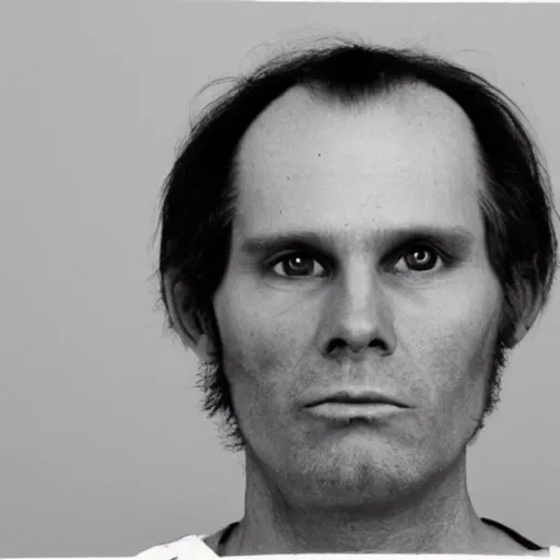 Image similar to A mugshot portrait of a middle aged older man who looks like Jerma985 with a receding hairline and short mid-length wavy hair, wearing mid-1980s menswear in the late 2008, taken in the late 1980s, grainy, realistic, hyperrealistic, very realistic, highly detailed, very detailed, extremely detailed, detailed, trending on artstation, front facing, front view, headshot and bodyshot, detailed face, very detailed face