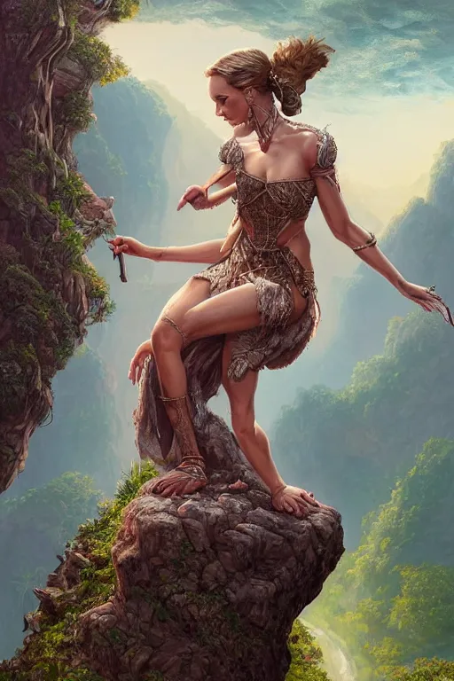 Prompt: alluring illustration of Natalie Portman (anatomically correct), sitting on the edge of a cliff overlooking a forested valley, clothed in a chesty fantasy outfit, realistic, intricate details, 8k resolution matte fantasy painting, cinematic lighting, trending on Artstation, Jason Felix Steve Argyle Tyler Jacobson Peter Mohrbacher