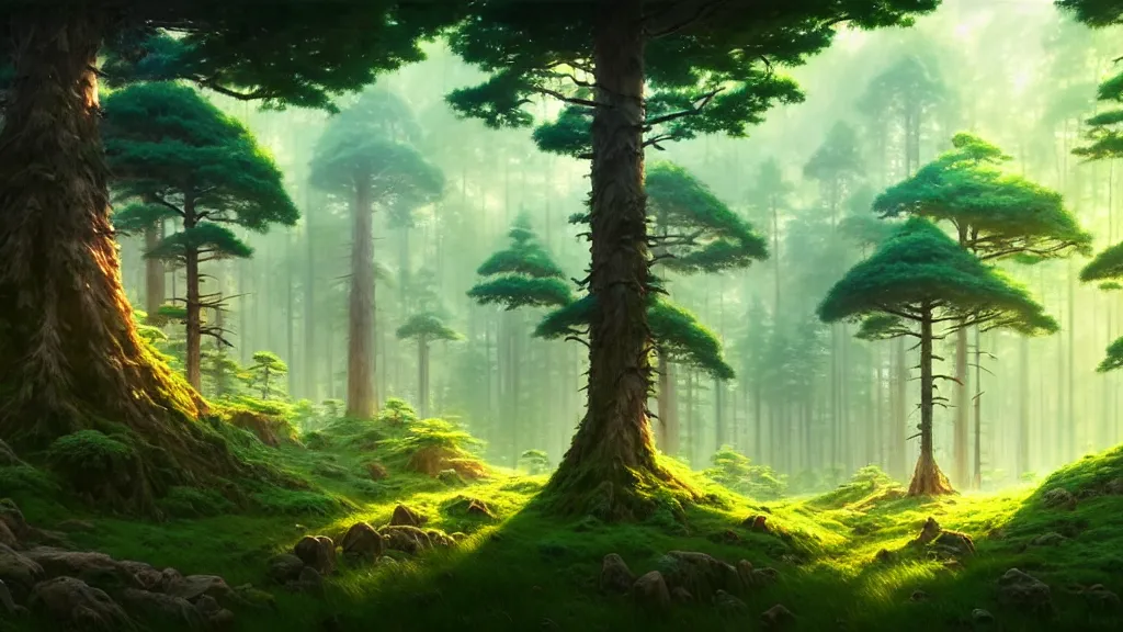 Image similar to forest clearing landscape, studio ghibli, pixar and disney animation, sharp, rendered in unreal engine 5, highly detailed, digital painting, artstation, concept art, smooth, sharp focus, illustration, wide angle, artbook, wallpaper, splash art, promo art, dramatic lighting, art by artgerm and greg rutkowski and bo chen and jin xiaodi