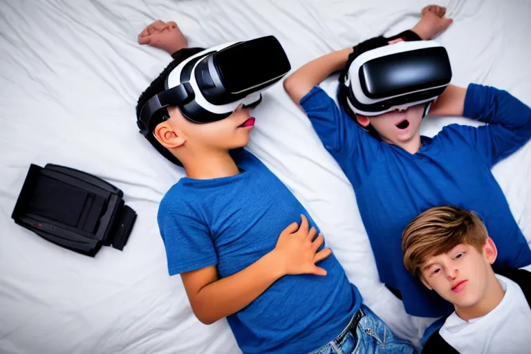 Prompt: An aerial stock photo of two boys laying in bed, with a bunch of stuff, wearing a VR-headset, featured on flickr, cluttered