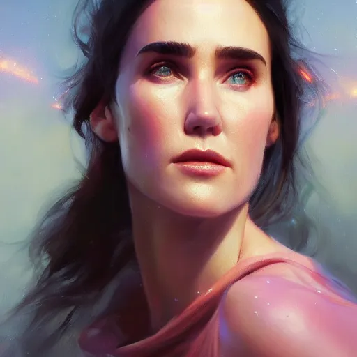 Prompt: jennifer connelly, colorful oil painting by greg rutkowski, charlie bowater, yuumei, yanjun cheng, unreal 5, daz, hyperrealistic, octane render, rpg portrait, dynamic lighting, fantasy art, beautiful face