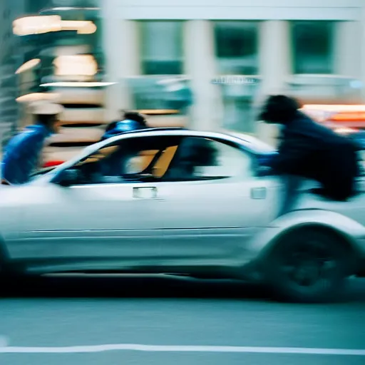 Image similar to film still of futuristic movie. Car chase action scene. Sigma 85mm f/1.2