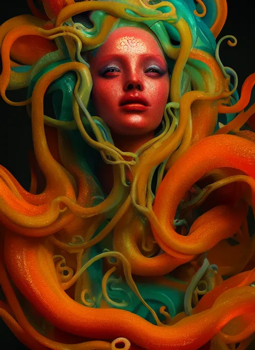 Image similar to subsurface scattering, medusa made of soft wax, cgsociety, translucent, organic squid and ceramic art nouveau swirls, golden orbs, colored smoke, in the style of alberto seveso and ruan jia and beeple and giger, mystical colors, back light, rim light, dramatic lighting, 8 k, stunning scene, raytracing, octane render