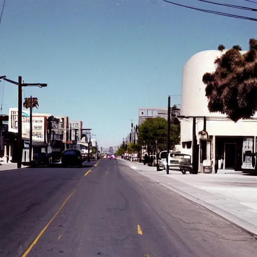 Prompt: photograph of a los angeles street in 1 9 6 9