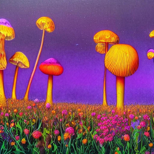 Prompt: a landscape of pink mushrooms, yellow flowers, orange grass, purple sun, grey sky, in the style of patrick woodroffe, hannah yata