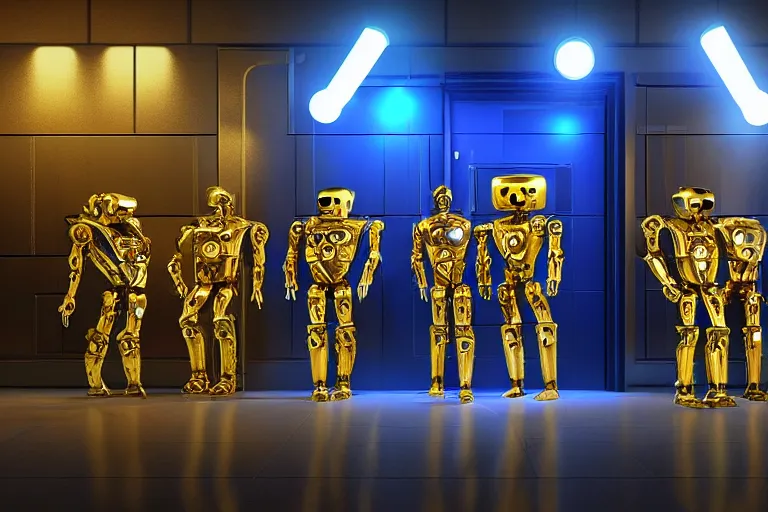 Image similar to a queue of 7 golden and blue metal humanoid steampunk robots in front of an entrance door to a futuristic nightclub, robots are wearing and gears and tubes, eyes are glowing red lightbulbs, shiny crisp finish, 3 d render, 8 k, insaneley detailed, fluorescent colors, nightlight