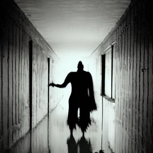 Image similar to a flooded creepy empty basement hallway with a clown standing in the dark, shaky, film grain, craigslist photo