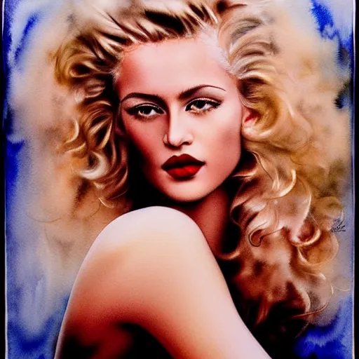 Prompt: stunning award - winning portrait of a beautiful blonde woman by herb ritts. long curly glossy hair and makeup. vintage glamour. shiny dark lips. highly detailed and realistic watercolor painting on canvas. brush strokes.