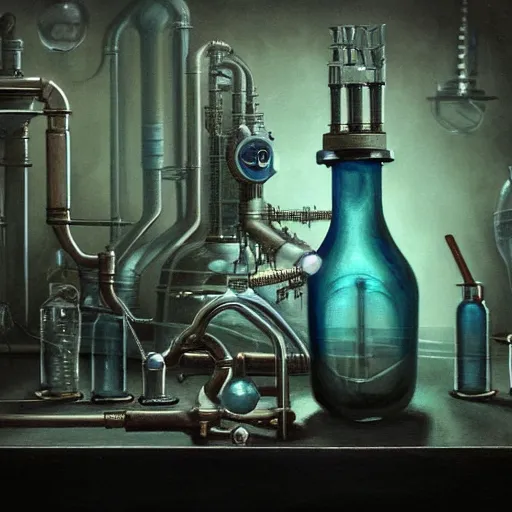 Prompt: a painting of a steampunk blue potion bottle in a dark dusty vintage science lab, by h. r. giger, hyperrealistic fantasy art, concept matte, ethereal, dreamy, digital art, trending on artstation, volumetric cinematic lighting