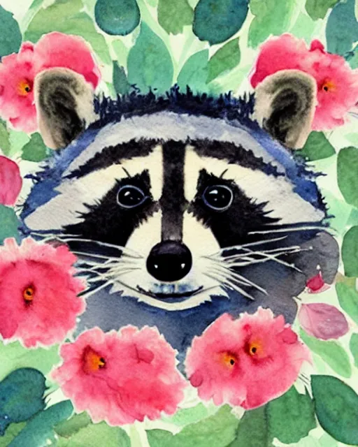 Prompt: a watercolor portrait of a cute raccoon with a crown of flowers