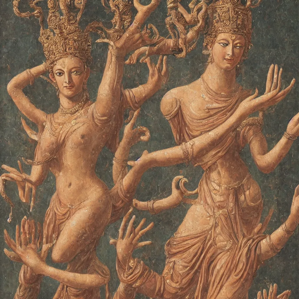 Image similar to young woman deity with multiple arms, highly detailed, oil painting