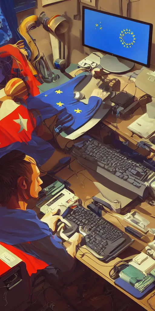 Prompt: european union eu hybrid influencer sitting on chair on computer playing games on led keyboard and gaming mouse, ussr suite, communism, ussr armor, eu flag, european union flag, keyboard, computer mouse, dark and gloom, extremely detailed oil painting, rhads, Bruce Pennington, Studio Ghibli, tim hildebrandt, cinematic, octane render, beautiful composition, trending on artstation, award-winning photograph, masterpiece