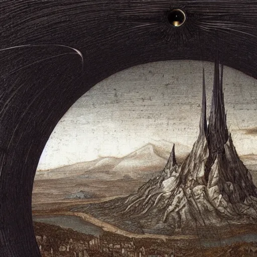 Image similar to sauron's eye watching over an haunted mountain, the sky is covered by meteors falling down, art by leonardo da vinci, by hr giger, 4 k, hyper detailed, hyperrealism, esoteric painting, no artifacts