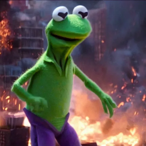 Prompt: still from marvel movie avengers 99 robert downey fighting evil kermit the frog 4k