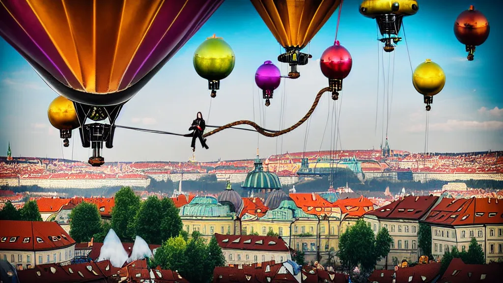 Image similar to large colorful futuristic space age metallic steampunk steam - powered balloons with pipework and electrical wiring around the outside, and people on rope swings underneath, flying high over the beautiful prague city landscape, professional photography, 8 0 mm telephoto lens, realistic, detailed, photorealistic, photojournalism