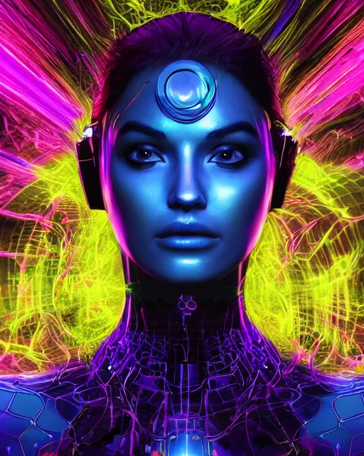 Image similar to a powerful energy psychedelic matrix woman, by alexander fedosav, hyper detailed digital matte painting, concept art, hyperrealism, 1 6 k resolution, cinema 4 d, 8 k resolution, trending on artstation, behance hd, a masterpiece, by stephan martiniere, particles, cel - shaded, power bright neon energy, by david a. hardy,