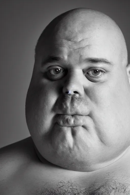 Image similar to studio portrait of man, 4 0 years, bald, obese, unshaven, homer simpson lookalike, looks like a real life version of homer simpson, soft light, black background, fine skin details, award winning photo by annie leibovitz