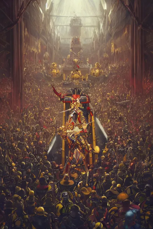 Prompt: Court warhammer harlequin surrounded by crowd, next to the king's throne, futuristic, oil on canvas, digital painting, artstation, concept art, smooth, sharp focus, illustration, artstation trending, perfect composition, golden ratio, beautiful detailed, cinematic, hyper realism, high detail, octane render, 8k, greg rutkowski very coherent symmetrical artwork