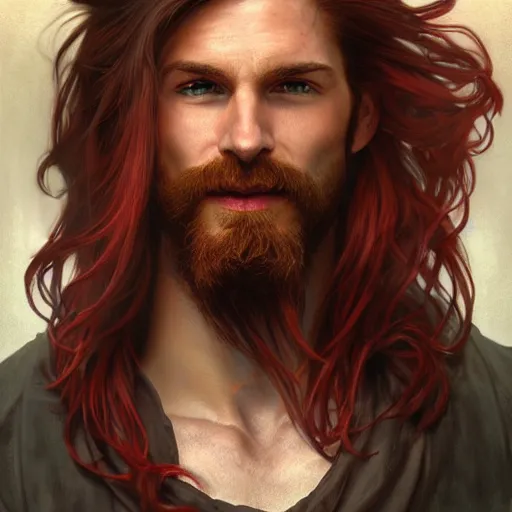 Prompt: portrait of a young ruggedly handsome but joyful pirate, male, masculine, soft hair, upper body, red crimson crimson hair, long long flowing hair, fantasy, wide smirk, intricate, elegant, highly detailed, digital painting, artstation, concept art, matte, sharp focus, illustration, art by artgerm and greg rutkowski and alphonse mucha