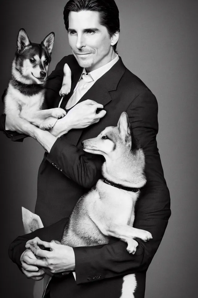 Image similar to a highly detailed portrait of a cleanly - shaven christian bale in a suit with slicked back hair, holding a shiba inu in his arms, hyperrealistic, highly detailed, 8 k, canon 2 4 mm f / 1. 4 lens,