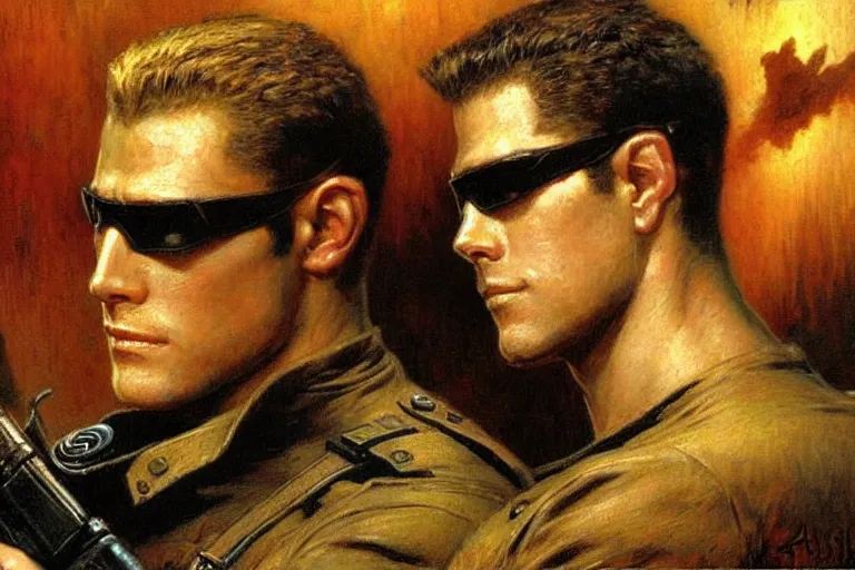 Image similar to albert wesker and chris redfield, painting by gaston bussiere, jean giraud