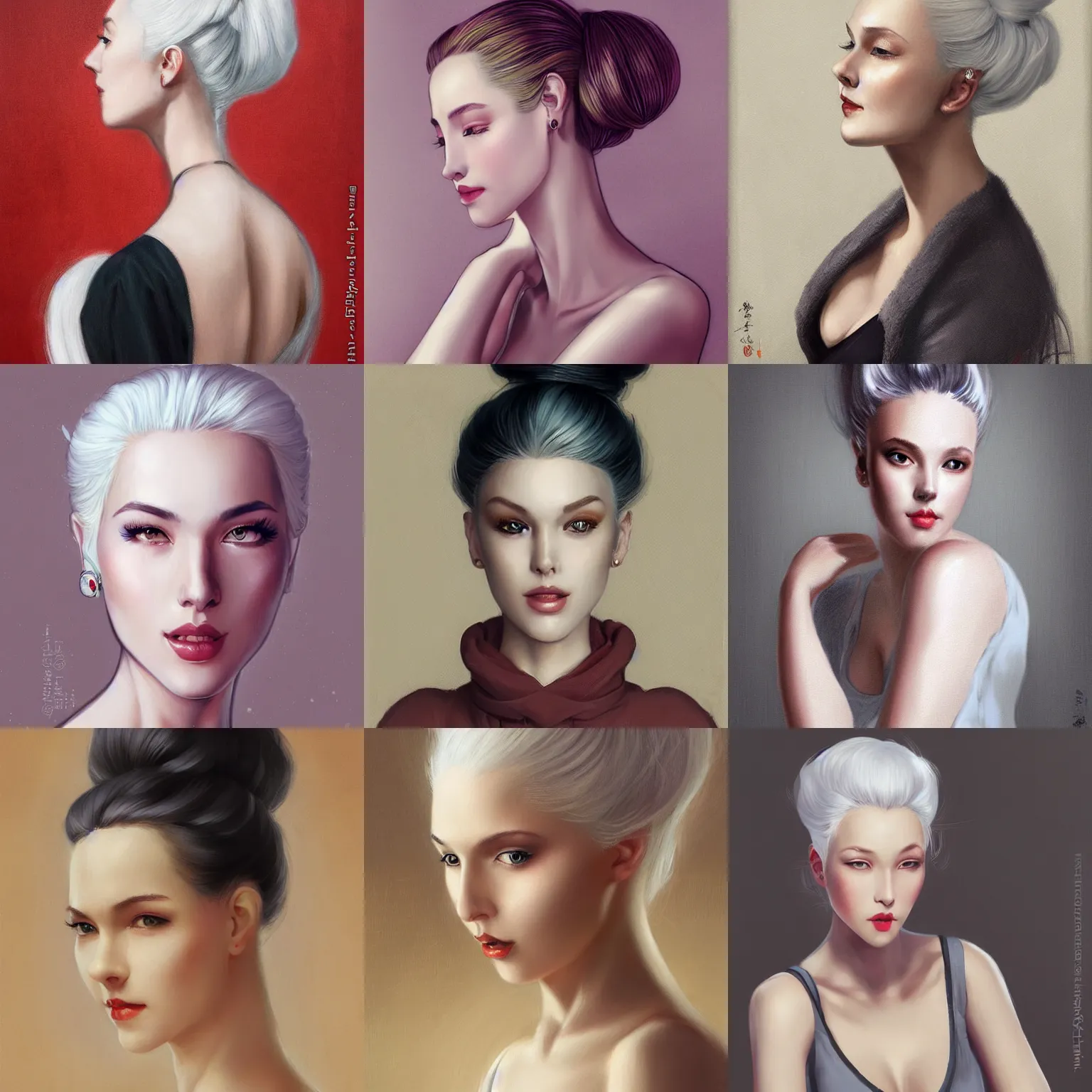 Prompt: portrait of a beautiful woman with white hair in a hairbun in the style of WLOP, RossDraws, John Collier