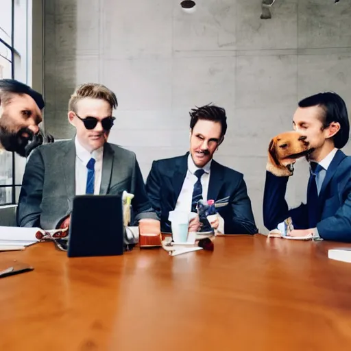 Prompt: 4 dogs in suits around a table in a business meeting