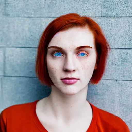 Image similar to close up of face of good looking 1 9 year old pale woman with blue eyes, no makeup, freckles, strong jawline, skinny, short straight orange hair in a bob style, red t shirt, color portrait, flash photography 4 k