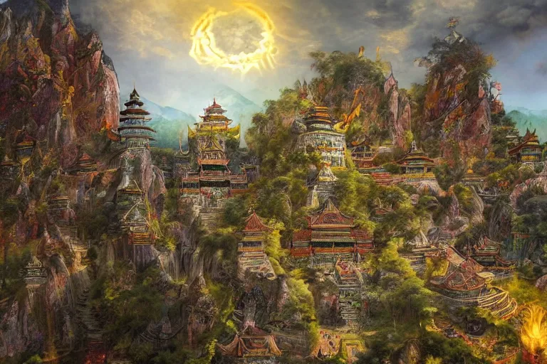 Image similar to the ancient mythical buddhist kingdom of shambhala, in the style of frank frazetta and andrea pozzo, ultra realistic, atmosphere glow, detailed intricate, colorful, cinematic lighting, unreal engine, god lighting