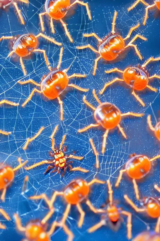 Image similar to high quality close-up photo translucent gelatinous spiders! gorgeous highly detailed hannah yata elson peter cinematic orange lighting high quality low angle hd 8k sharp shallow depth of field