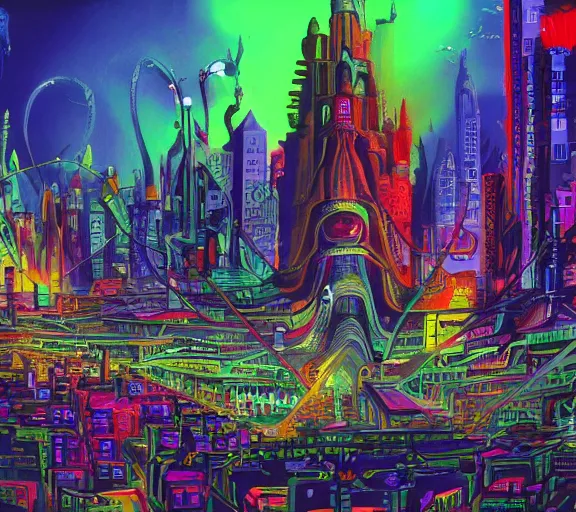 Image similar to surreal colorful nightmarish cityscape, 4k artwork by Ralph Bakshi