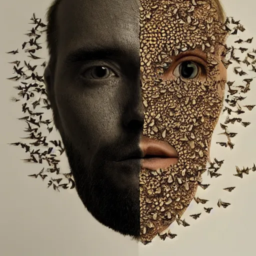 Image similar to a human face made out of moths