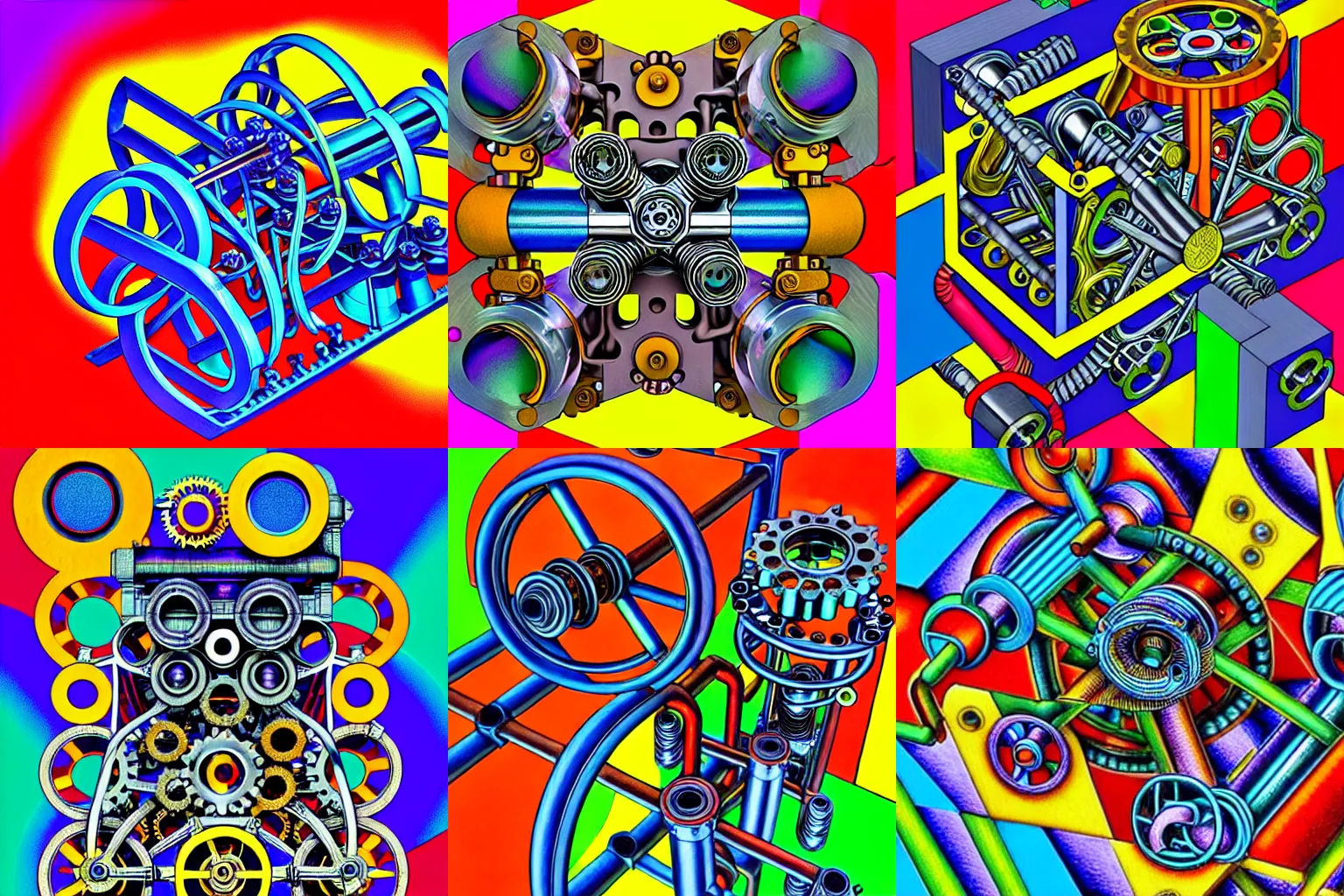 Prompt: a complicated time travel machine engine contraption with sprockets springs cranks cylinders hoses pistons, high detail, intricate abstract, detailed abstract, isometric, optical illusion, cubism, color pencil, bright colors, vivid colors, hyper detailed, high resolution, artstation, a tiny bit of M.C. Escher