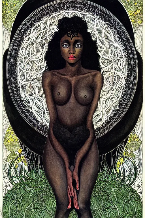 Prompt: realistic symmetrical portrait of beautiful black woman in the center of a frame of gothic black roses, detailed art by kay nielsen and walter crane, illustration style, watercolor