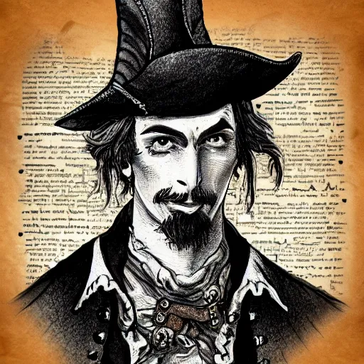 Image similar to Drawing of Male Victorian Gothic Pirate on vintage parchment paper, hd, intricate, bloodborne, 8k, digital art