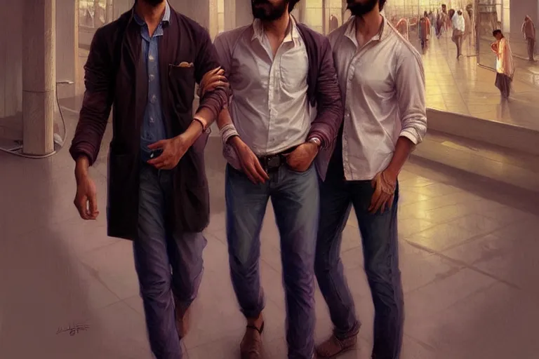 Image similar to Anxious good looking pale young Indian doctors wearing jeans and shirts at the airport, portrait, elegant, intricate, digital painting, artstation, concept art, smooth, sharp focus, illustration, art by artgerm and greg rutkowski and alphonse mucha