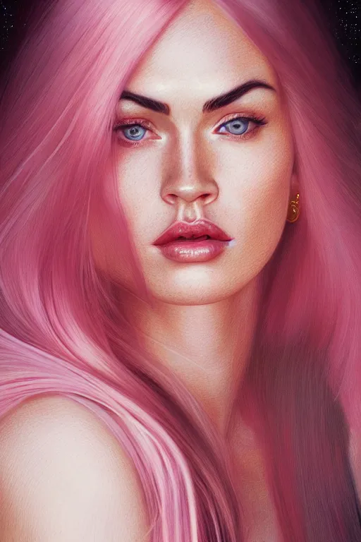 Image similar to Portrait of a beautiful pale skin Nordic female megan fox with long pink hair, elegant, photorealistic, highly detailed, artstation, smooth, sharp focus, gold ornaments, neon lighting, sci-fi, art by Klimt