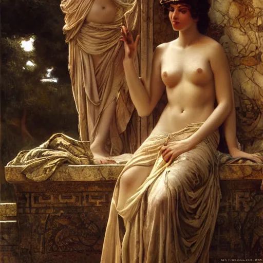 Image similar to dipression as greek goddes, craig mullins, j. c. leyendecker, lights, art by ernst haeckel, john william godward, hammershøi,,