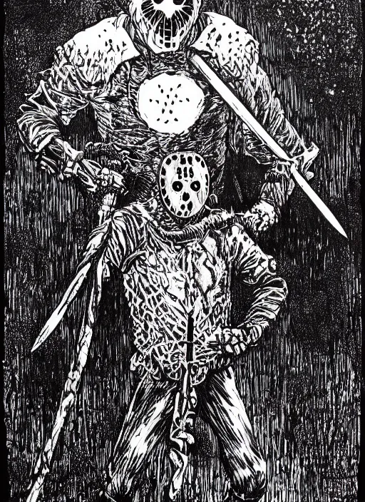 Image similar to Jason Voorhees as a D&D monster, pen-and-ink illustration, etching, by Russ Nicholson, DAvid A Trampier, larry elmore, 1981, HQ scan, intricate details, high contrast